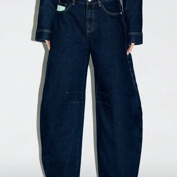 Dark Wash Casual Women's Barrel Cut Wide Leg High Waisted Jeans - Picture 3 of 5